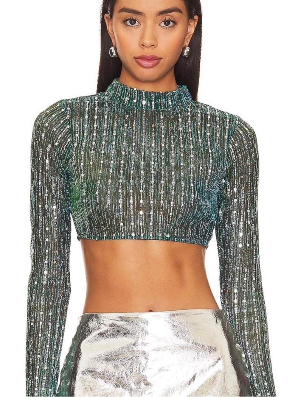 Superdown Green and Silver Sequin Mock Neck Long Sleeve Crop Top
